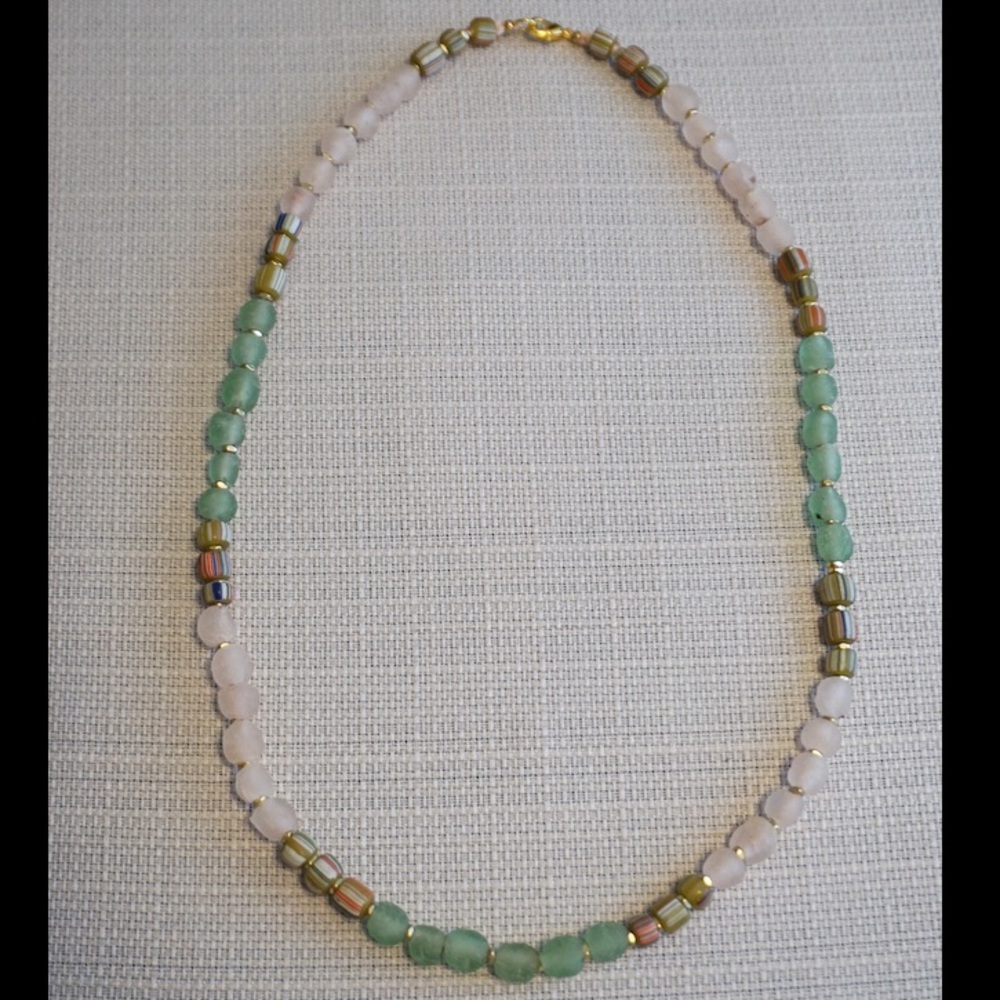 Light Pink and Green Recycled Glass Bead Handmade Necklace